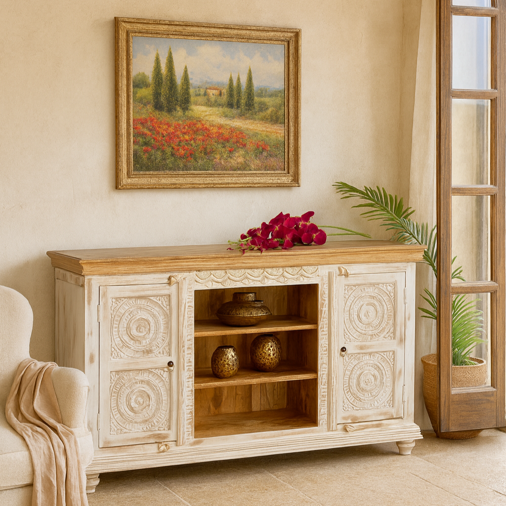 Lifestyle image of a carved mango wood console table with Indian motifs and natural finish; vintage furniture with 3 compartments and 2 drawers, 150 × 75 × 40 cm.