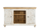 White background image of a carved mango wood console table with Indian motifs and natural finish; vintage furniture with 3 compartments and 2 drawers, 150 × 75 × 40 cm.