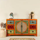 Vintage style furniture sideboard with hand-painted floral motifs and rattan door inserts, bohemian rattan door furniture, 160 × 40 × 90 cm.