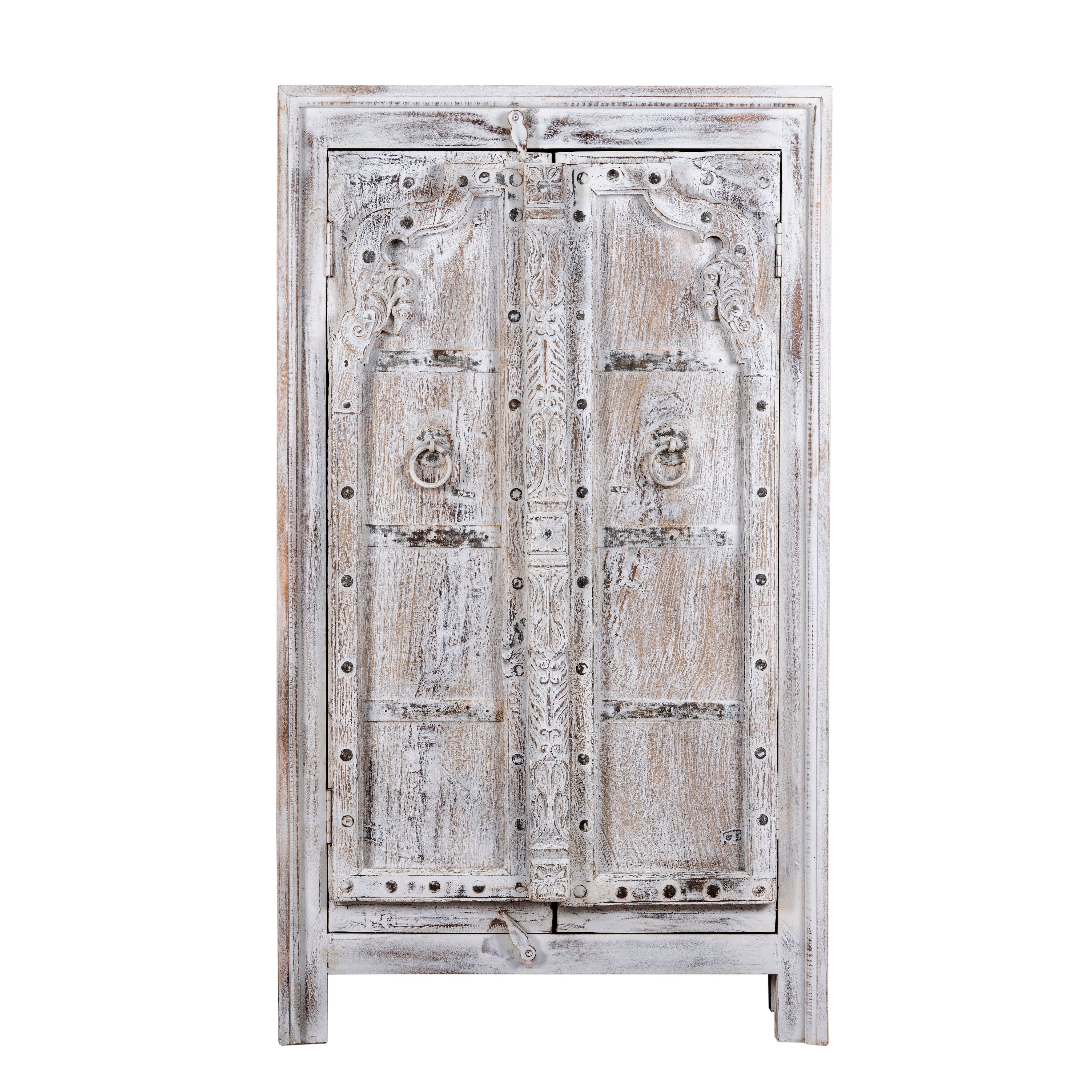 White background image of a handcrafted cabinet with reclaimed Indian window frame doors, white-washed finish, and iron accents – vintage home decor with teak furniture appeal.