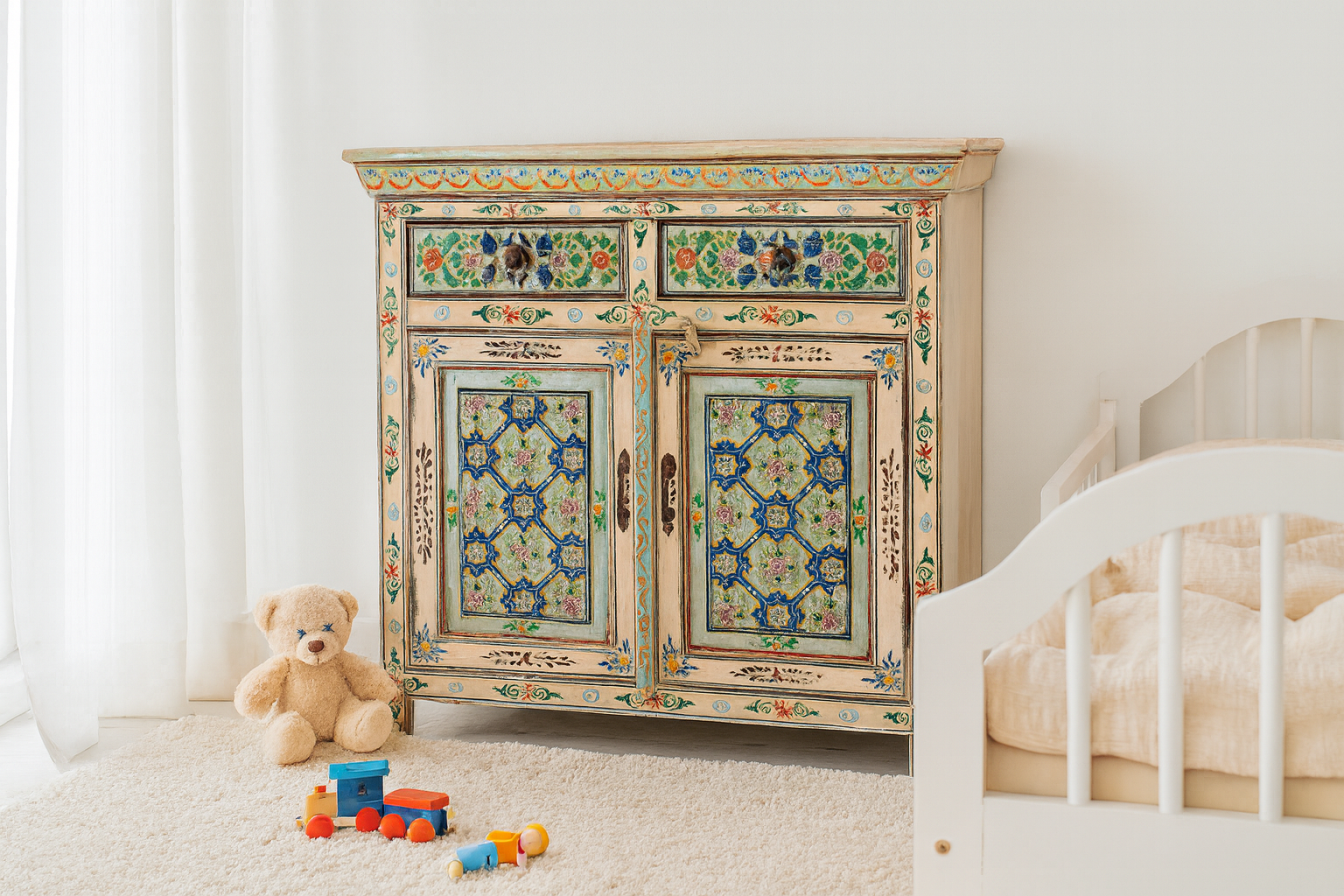 Lifestyle imagination of a hand painted cabinet made from reclaimed wood with colourful traditional Indian motifs, 90 × 90 × 40 cm.