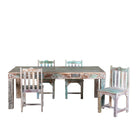 White background image of a reclaimed wood dining set Ayla with one vintage table and six rustic chairs. A handcrafted bohemian interior piece combining sustainable materials with artistic, timeworn charm.