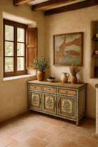 Nestled corner of a rustic room with a wooden sideboard, window, and wall art.