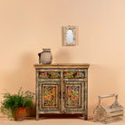 Sustainable hand painted wooden cabinet with Mediterranean floral design, made from recycled wood, 90 × 90 × 40 cm.