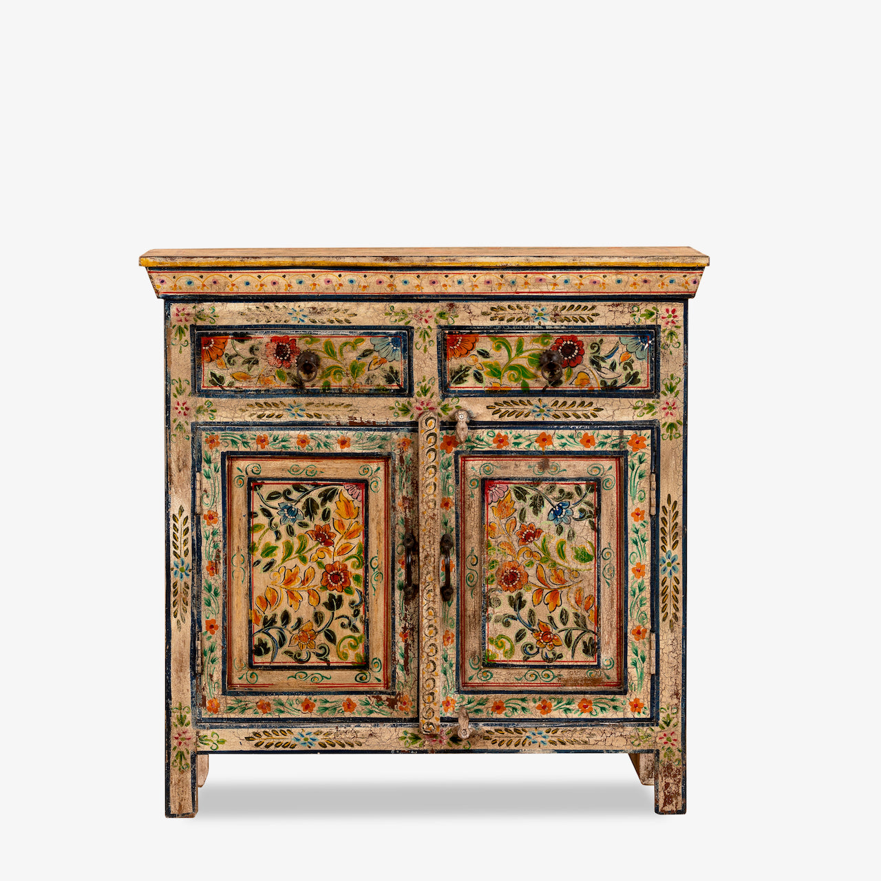White background image of a sustainable hand painted wooden cabinet with Mediterranean floral design, made from recycled wood, 90 × 90 × 40 cm.