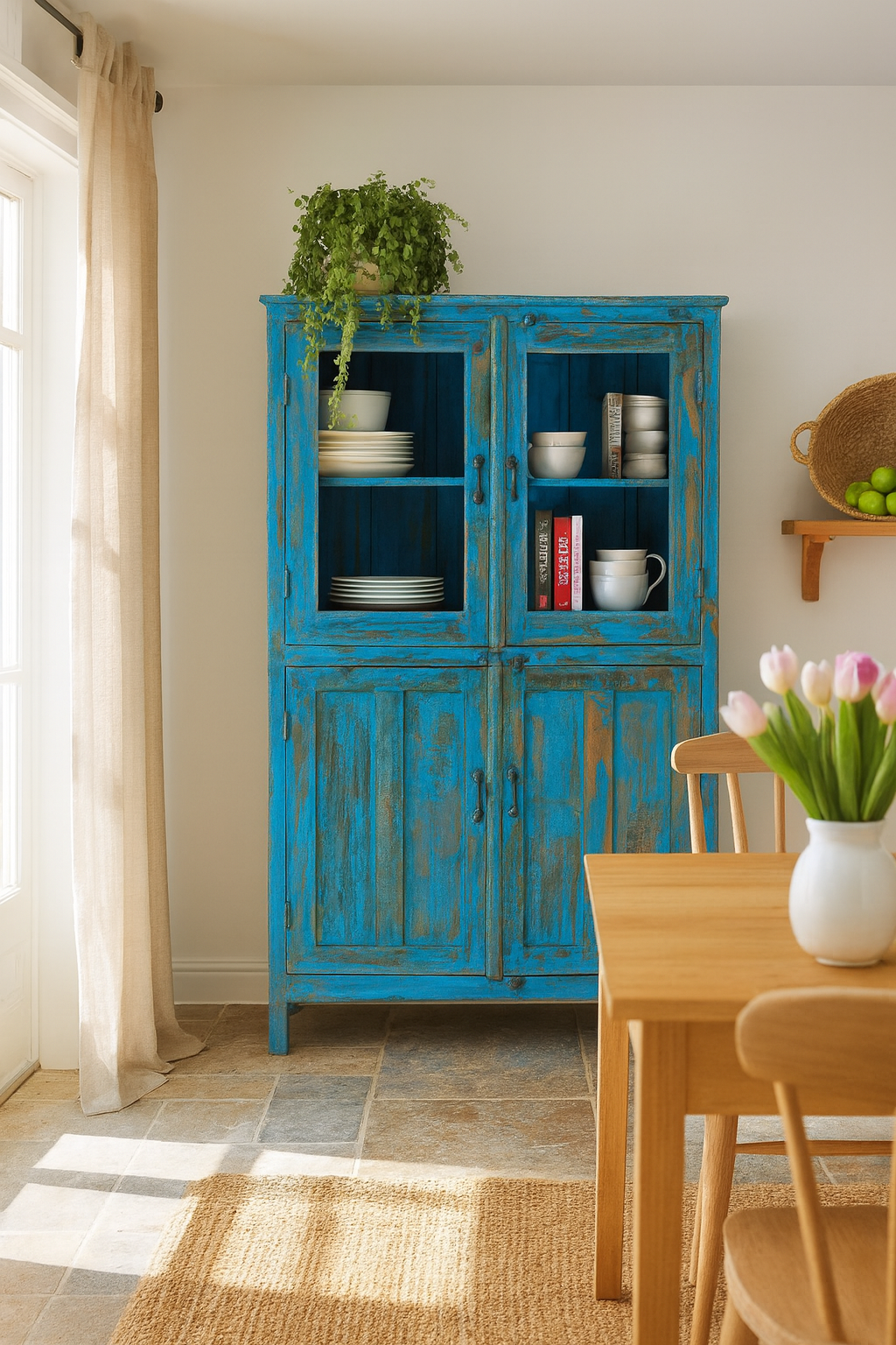 lifestyle image of a refurbished blue teak wood showcase with glass and wooden doors – sustainable dining room furniture crafted from reclaimed teak with vintage flair.