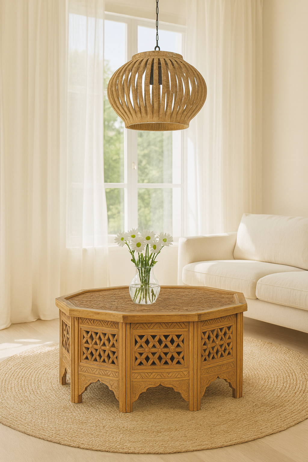 Lifestyle imagination of a octagonal mango wood coffee table with intricate floral and geometric carvings; durable hand-carved coffee table, 90 × 90 × 46 cm.
