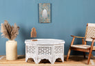 Square mango wood coffee table with floral carvings and white wash finish; hand-carved and rustic, 90 × 90 × 46 cm.