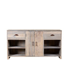 White background image of a bathroom console table wood with 2 drawers, 2 doors, and 4 open shelves; reclaimed wood bathroom furniture, 150 × 50 × 80 cm.