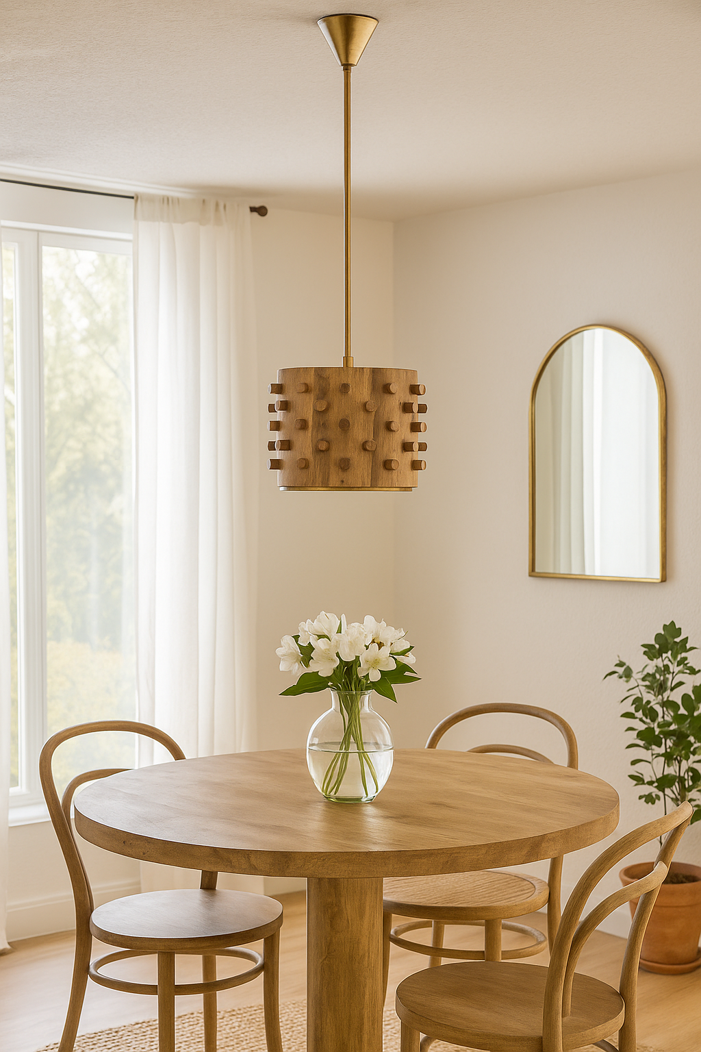 Lifestyle image of a wooden vintage pendant lamp made from carved mango wood with tree design and brass-plated hanging – a unique piece of mango wood lighting for dining rooms, living spaces, or entryways.