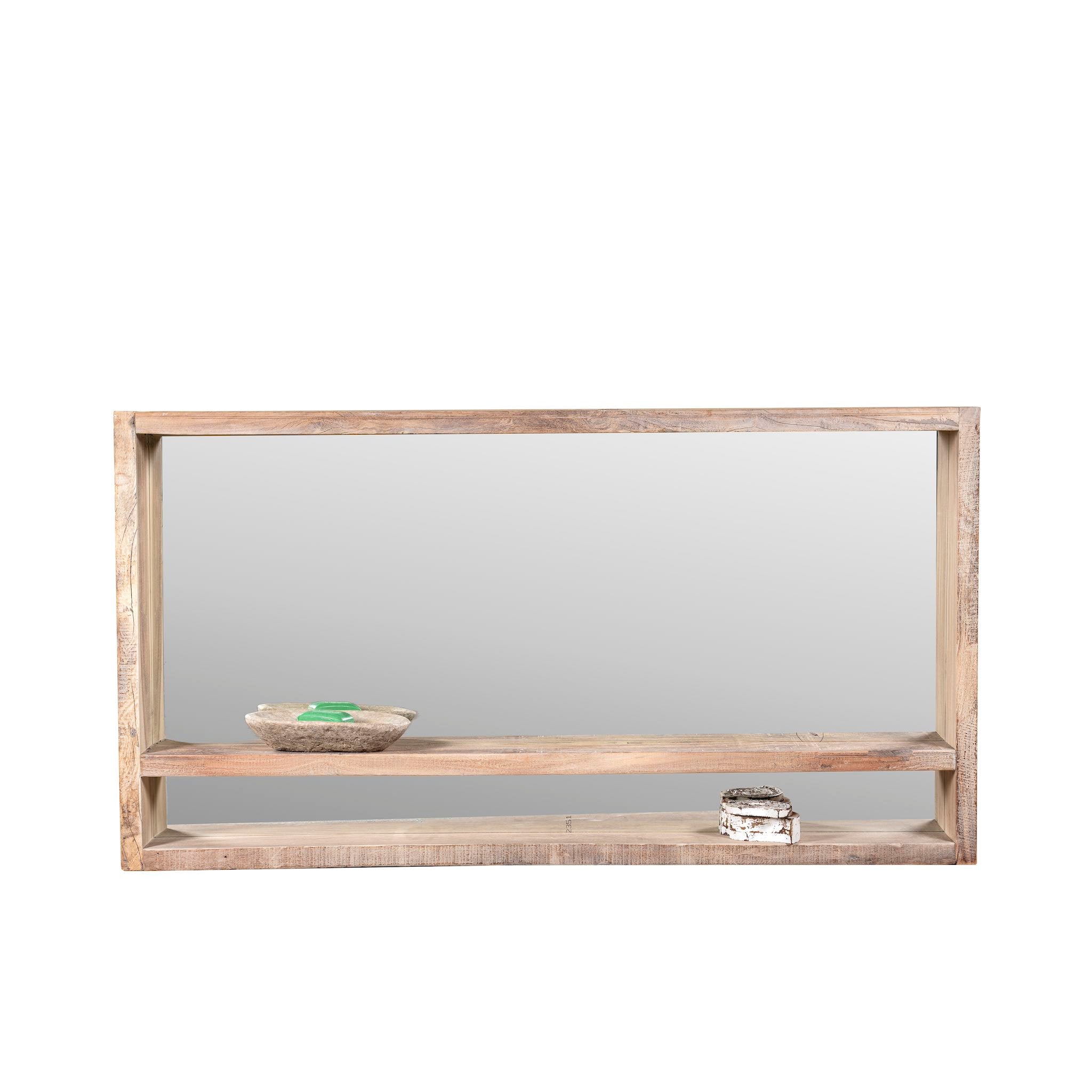 Rectangular mirror with wooden frame on a white background