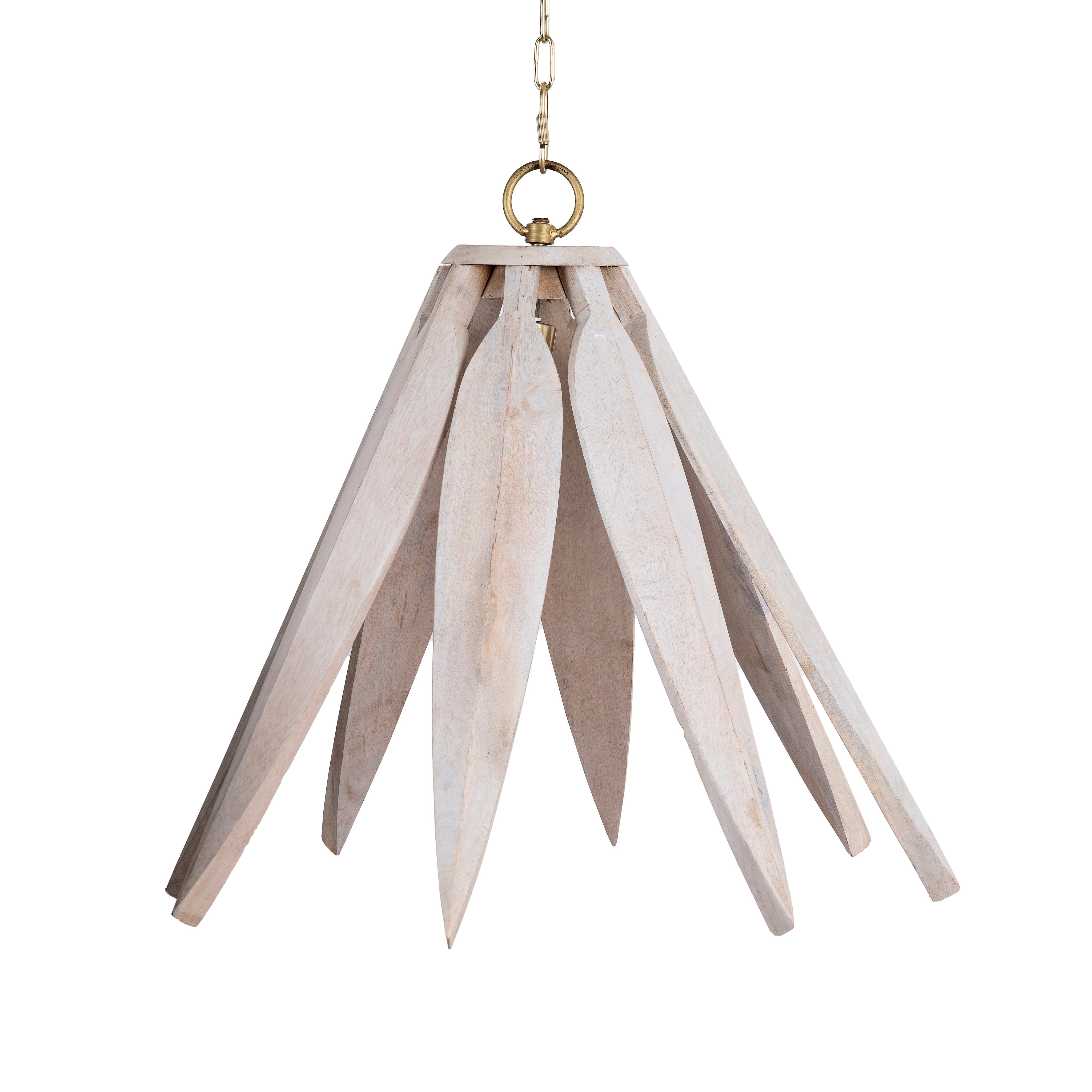 White background image of a vintage pendant lamp crafted from white-washed mango wood with a floral design and brass-plated hanger – a refined mango wood lighting piece for bedrooms, living rooms, or dining areas.