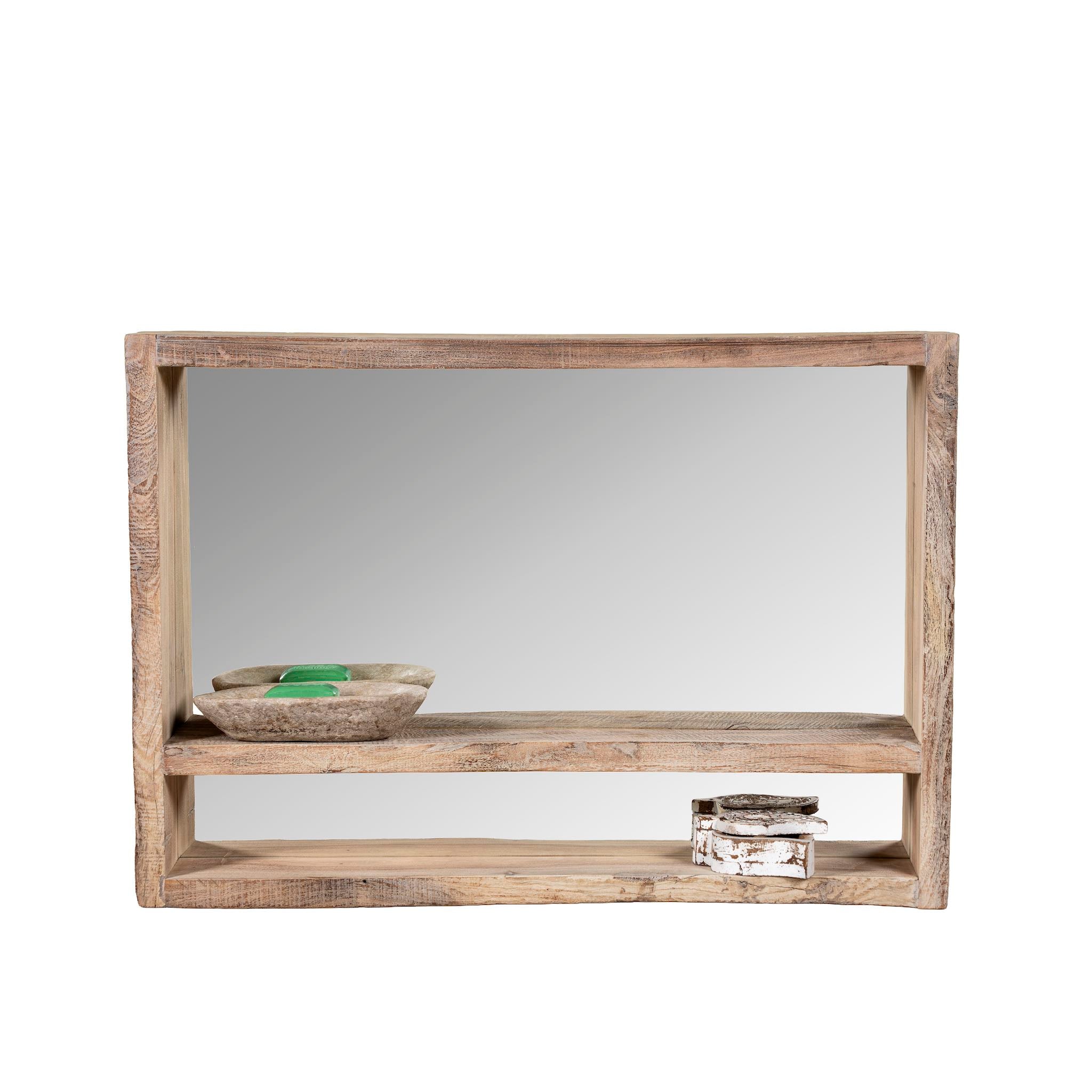 White background image of a rectangular reclaimed wooden mirror with sandblasted finish and integrated shelf; rustic bathroom mirror with storage, 90 × 15 × 60 cm.