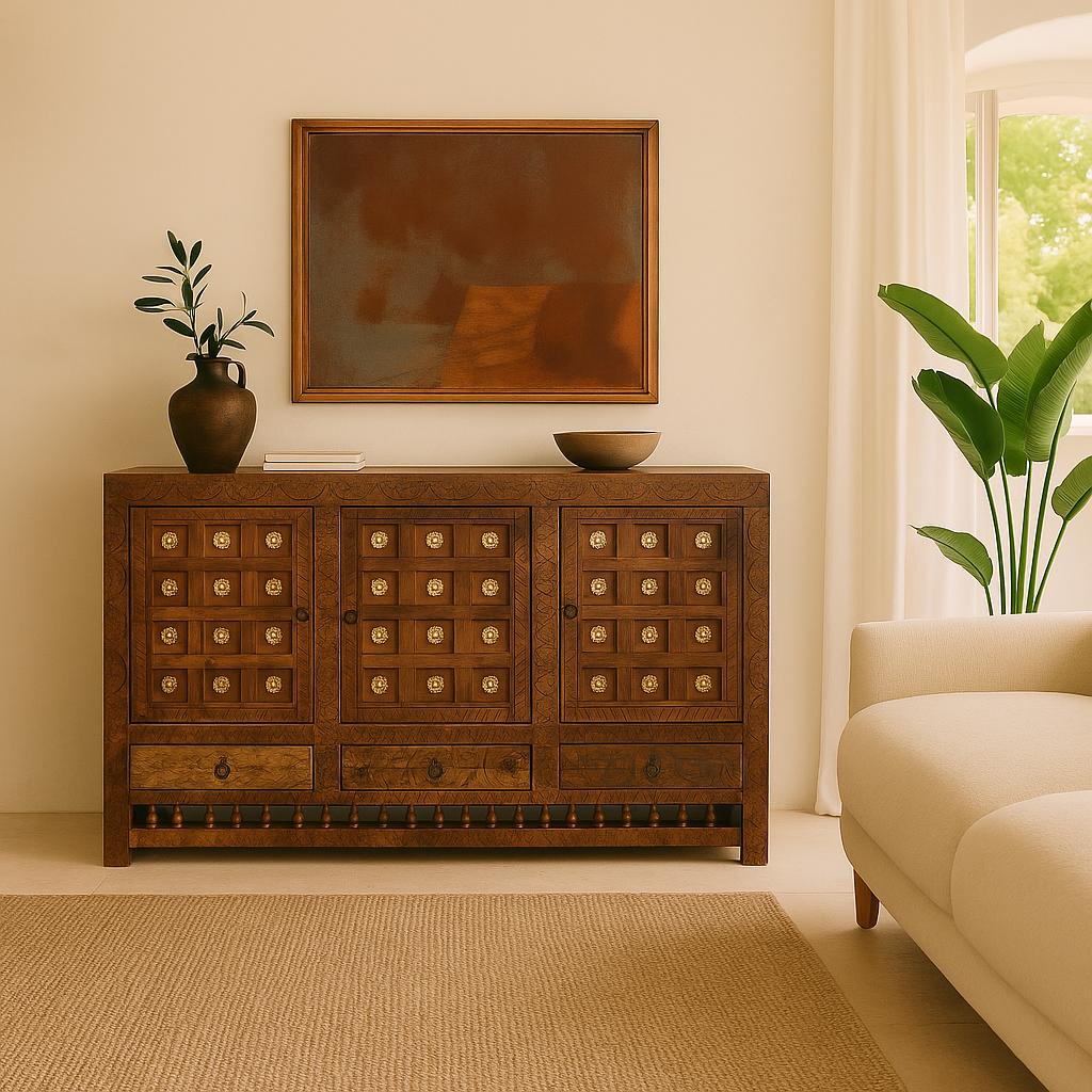 Handcrafted traditional sideboard made from mango wood with Indian carvings and brass inlay; Indian furniture, 150 × 100 × 40 cm.