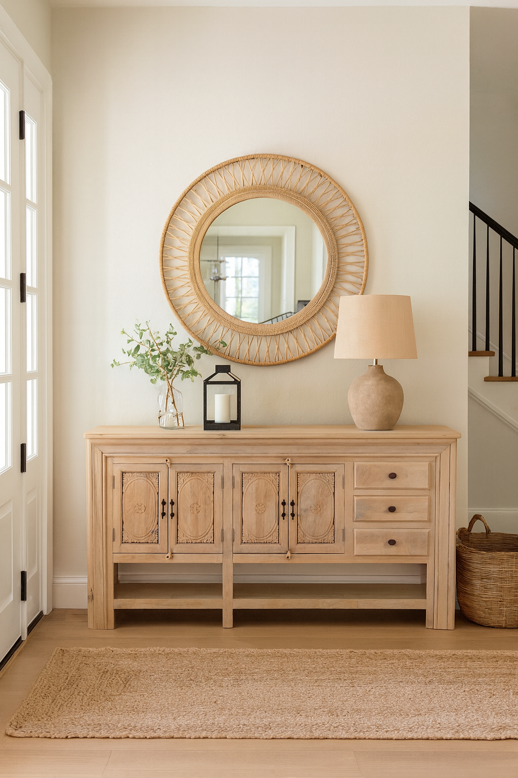 Lifestyle imagination of a sandblasted mango wood console table with 4 doors and 3 drawers; Mediterranean-style vintage entryway table, water-protected surface, 200 × 42 × 100 cm.