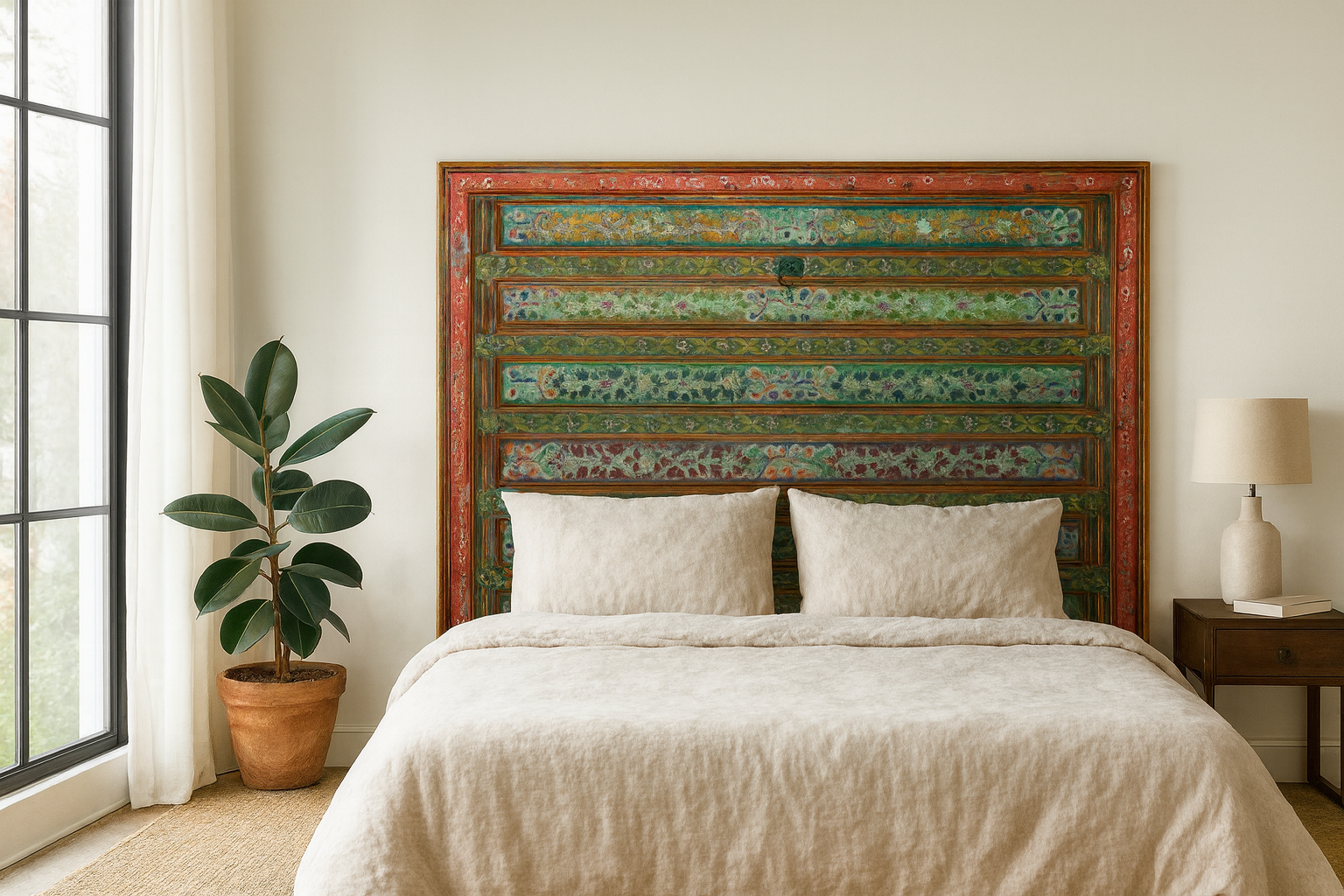 Lifestyle image of a Cauvery hand painted head board made from an antique Indian teak door, featuring traditional floral motifs in blue and cream and original iron hardware—an elegant example of hand painted head boards and authentic Indian headboards.