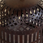 Close up image of a Chahna rusted-style metal pendant light with hand-forged lattice and slatted design, suspended by an iron chain—an artisan piece from our collection of hand crafted metal lamps and compact metal pendant lights.