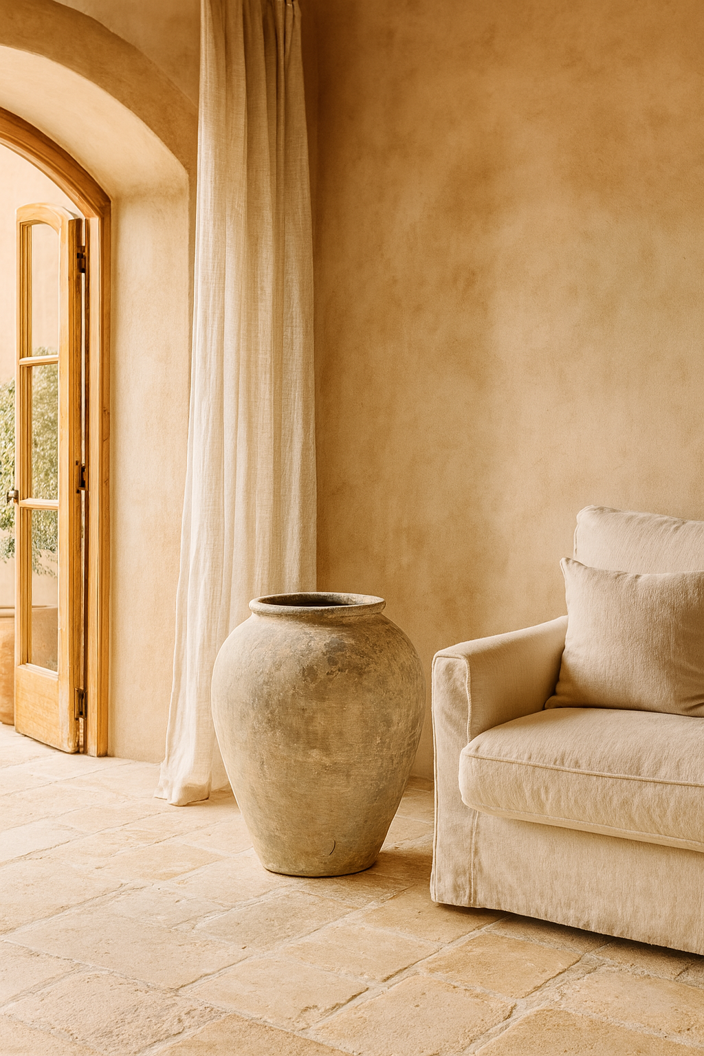 Lifestyle image of an antique Indian clay vase with weathered surface – a Bali style clay vase ideal for Indian home decoration and rustic bohemian interiors.