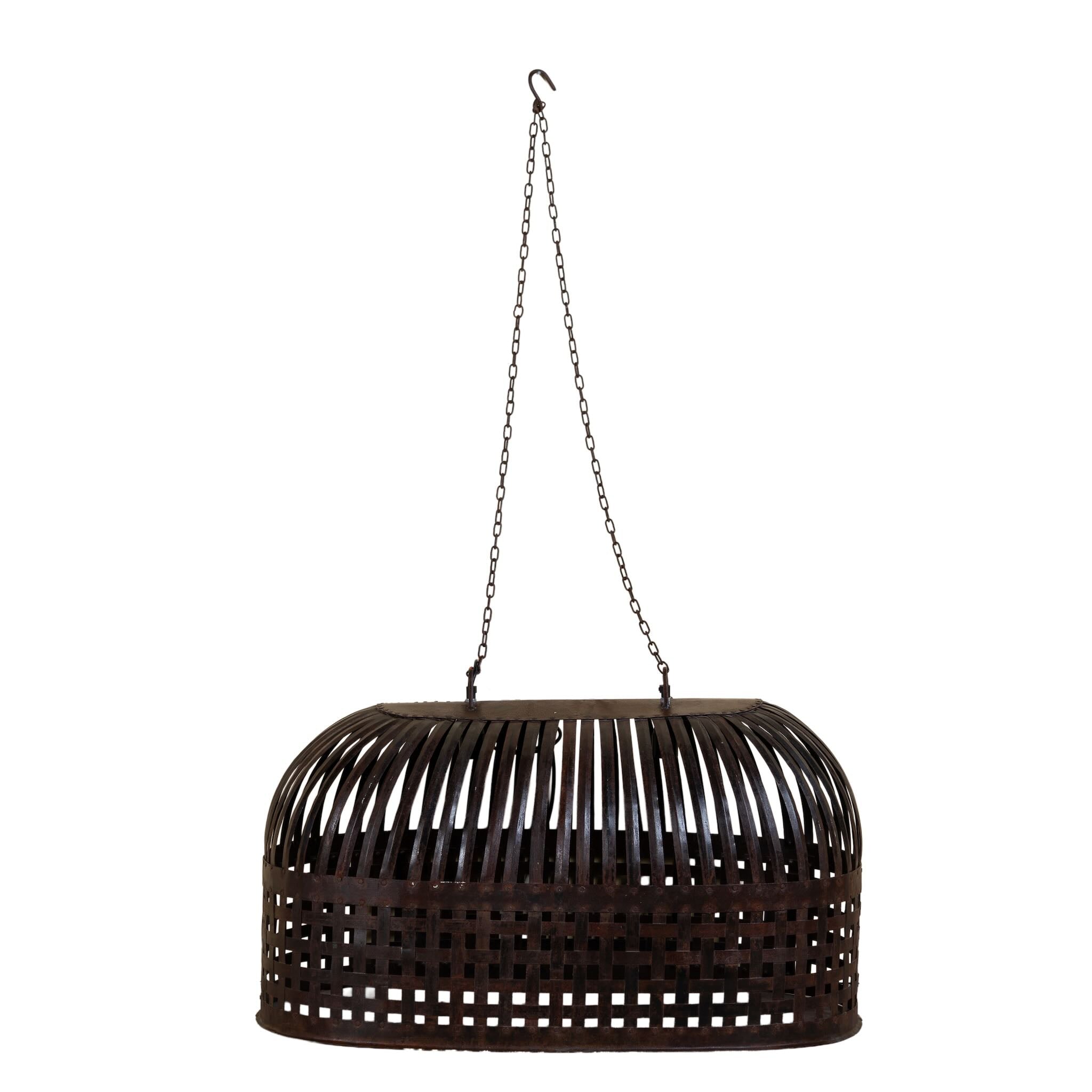 White background image of  a Chitra metal pendant light with hand-forged slatted design and iron chain suspension—an artisanal example of hand crafted metal lamps and bold metal pendant lights for high ceilings.