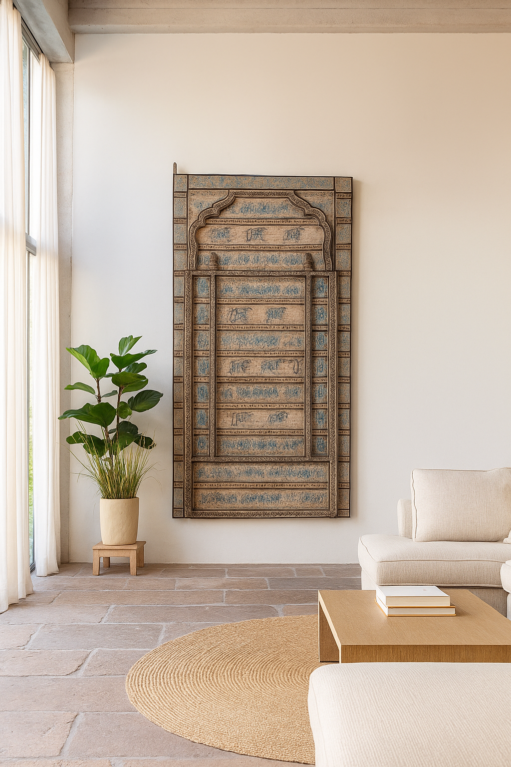 Lifestyle scene with a antique hand-painted Indian teak wood door with floral and elephant motifs; vintage Indian doors for wooden wall decoration, 128 × 10 × 250 cm.