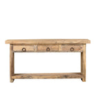 White background image of a Ibiza style reclaimed teak console table with sandblasted finish, three drawers, and lower shelf, versatile as bathroom furniture or hallway console.