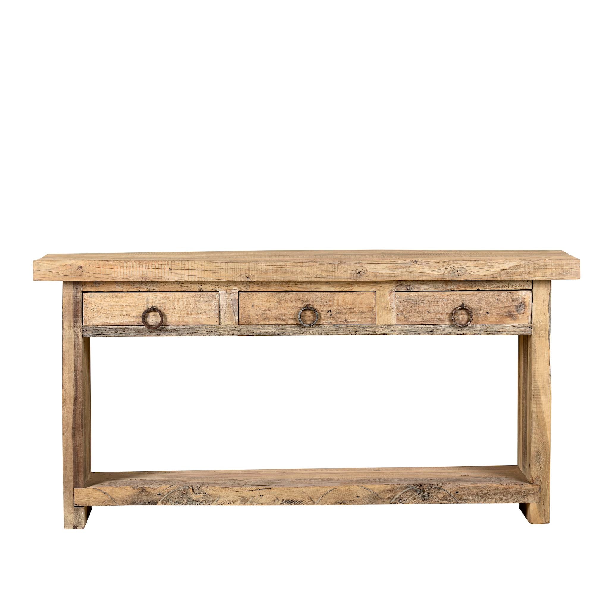 White background image of a Ibiza style reclaimed teak console table with sandblasted finish, three drawers, and lower shelf, versatile as bathroom furniture or hallway console.