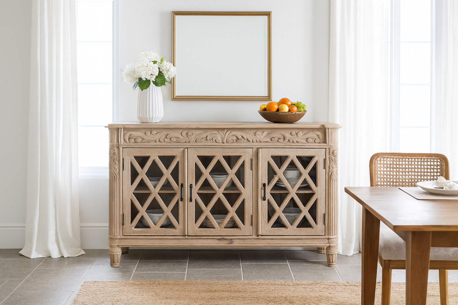 Lifestyle imagination of a rustic sideboard made of Mango wood with hand-carved details and glass panelled doors featuring a diamond lattice design.