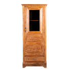 White background image of a antique teak wood display cabinet with glass door, shelves, and lower drawer – unique furniture piece crafted from teak wood with traditional Indian design and honey wax finish.