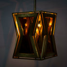 Lighted version of a tapered pendant lamp with wood, brass cladding, and tinted glass panels – vintage lighting meets modern design, ideal for use as an iron pendant lamp in living rooms, dining areas, or entryways.