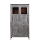 White background image of a shabby chic teak wood cabinet with glass doors and natural reclaimed finish – sustainable furniture ideal for vintage-style dining and living spaces.