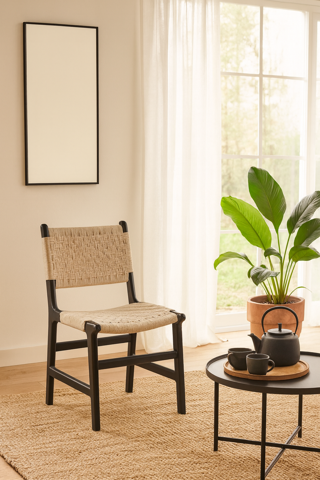 Lifestyle image of a Dhanya black Acacia wood chair with hand-woven cotton rope seat and backrest—an elegant piece of wooden seating and part of our artisan akacia wood chairs collection.