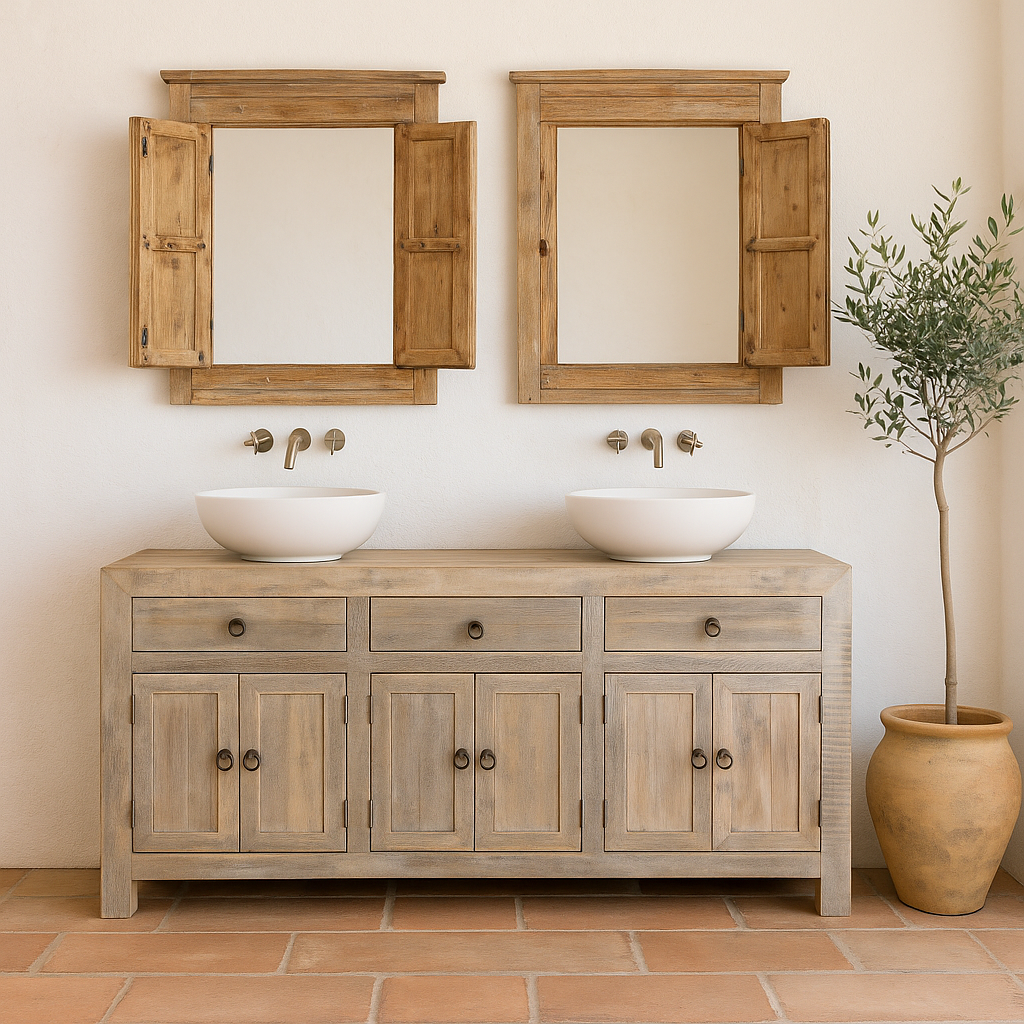Lifestyle image of a sustainable bathroom sideboard made of reclaimed wood with four cupboards and three drawers, rustic finish, 180 × 40 × 90 cm.