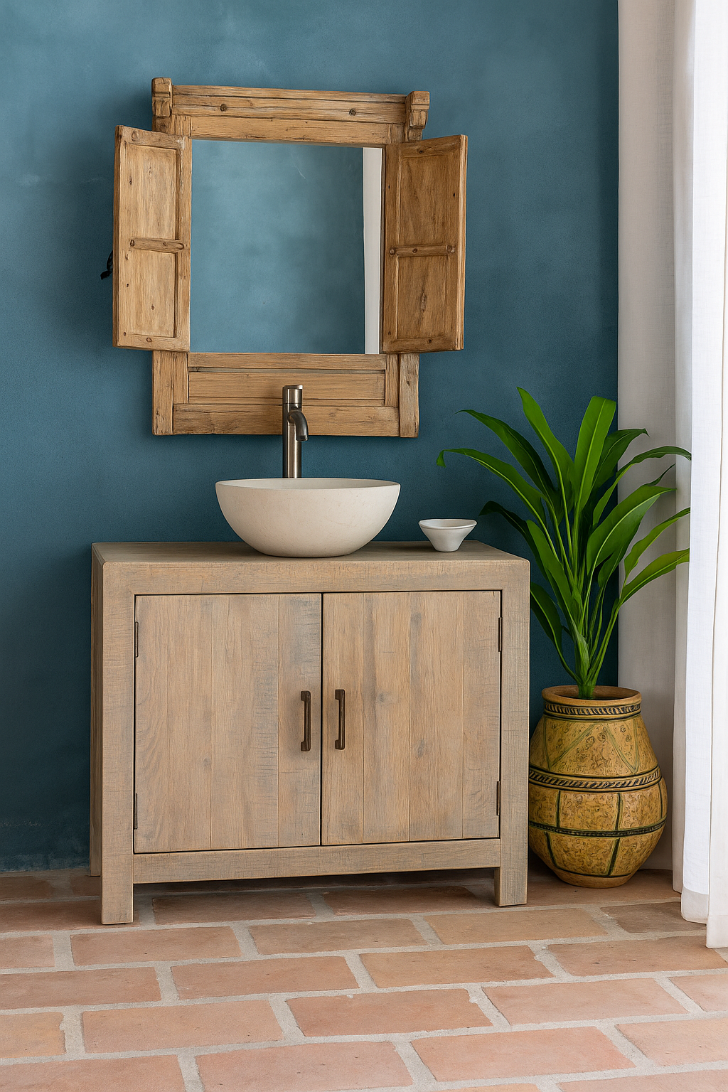 Wooden vanity with sink and mirror against a blue wall