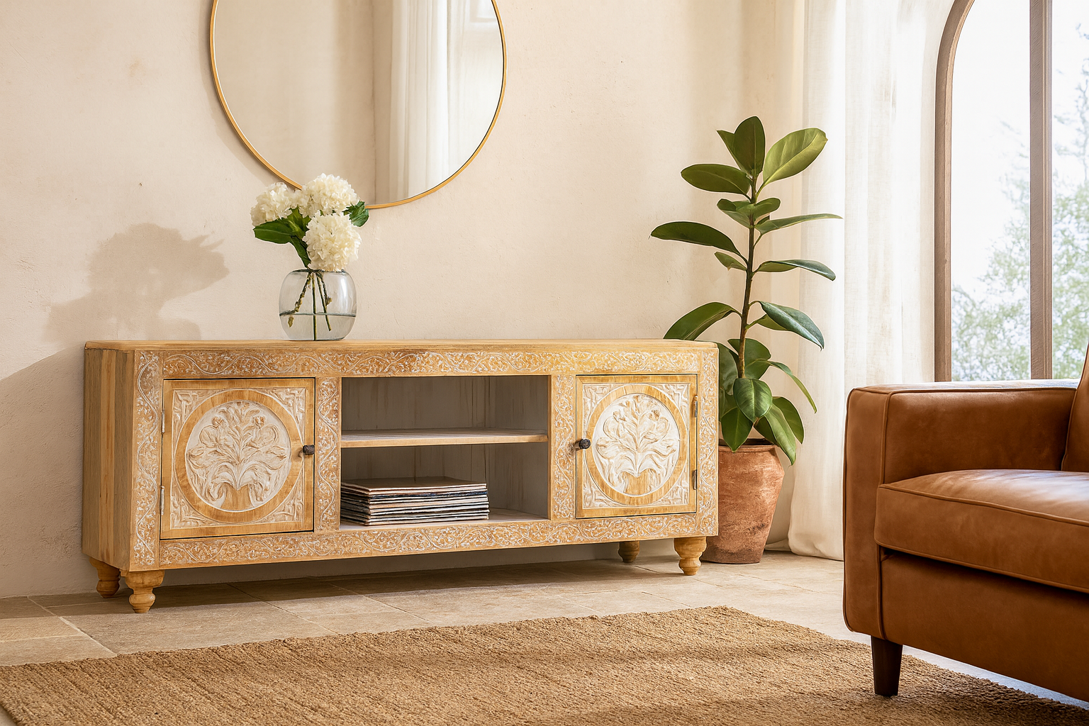 Lifestyle imagination of a whitewashed carved console table made of mango wood with floral motifs, four compartments; artisanal living room furniture, 180 × 40 × 65 cm.