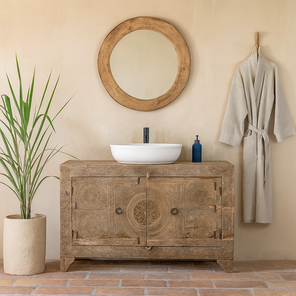 Lifestyle imagination of a reclaimed wood sideboard made from antique teak doors with carved detailing; teak furniture, 134 × 37 × 82 cm.