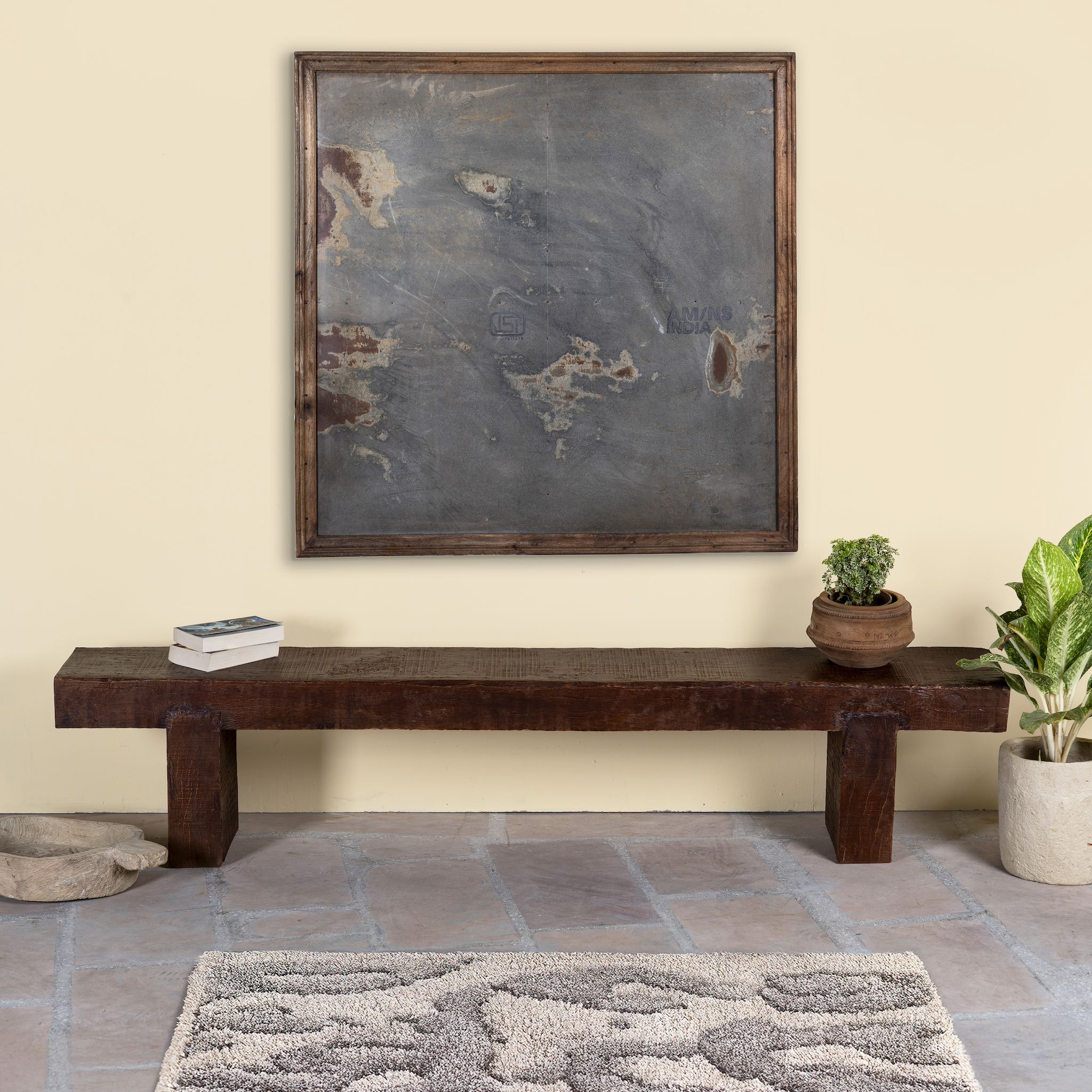 Solid reclaimed wood full block bench with rustic finish, ideal for boho chic living room or hallway seating, 200×30×40 cm.