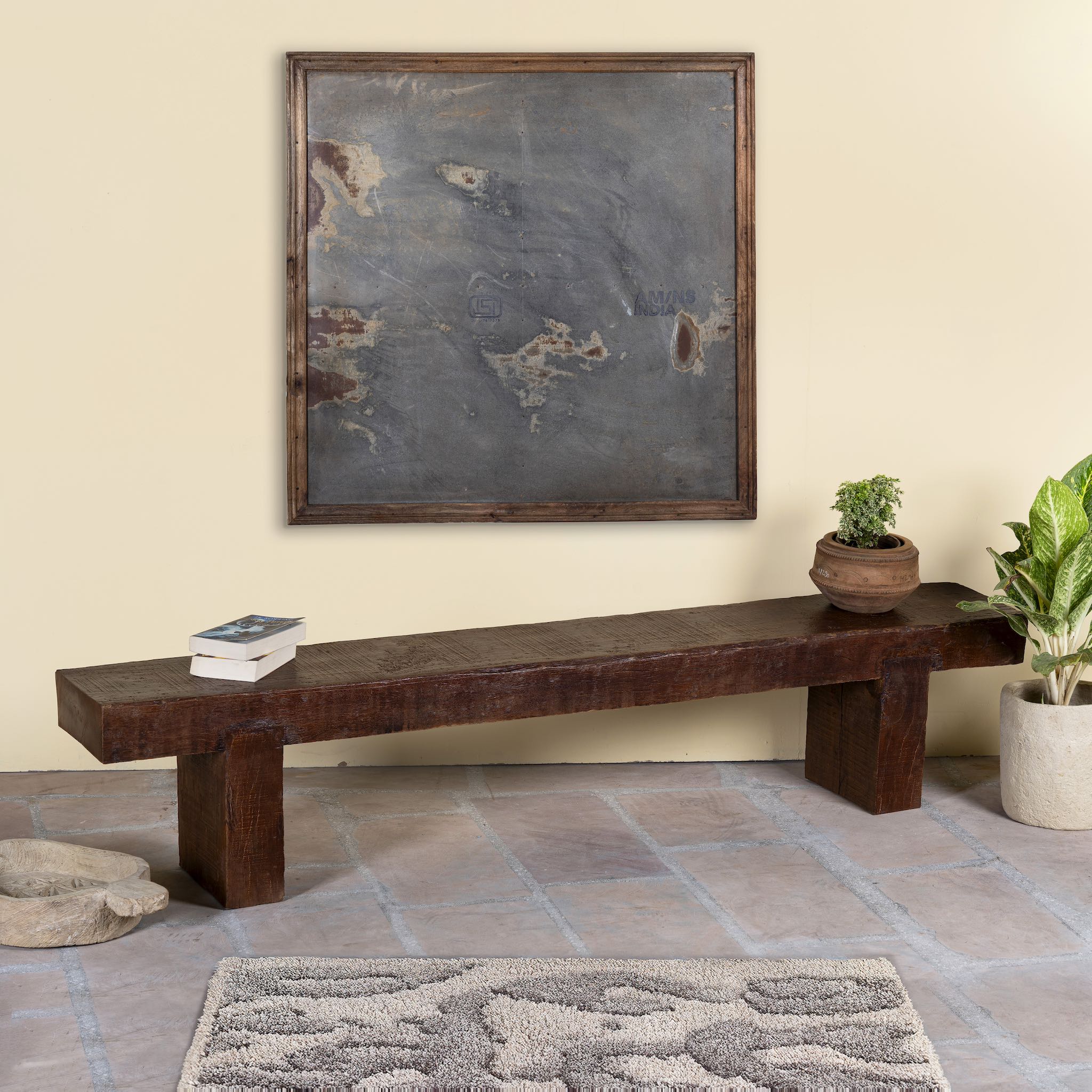 Side angle image of a solid reclaimed wood full block bench with rustic finish, ideal for boho chic living room or hallway seating, 200×30×40 cm.