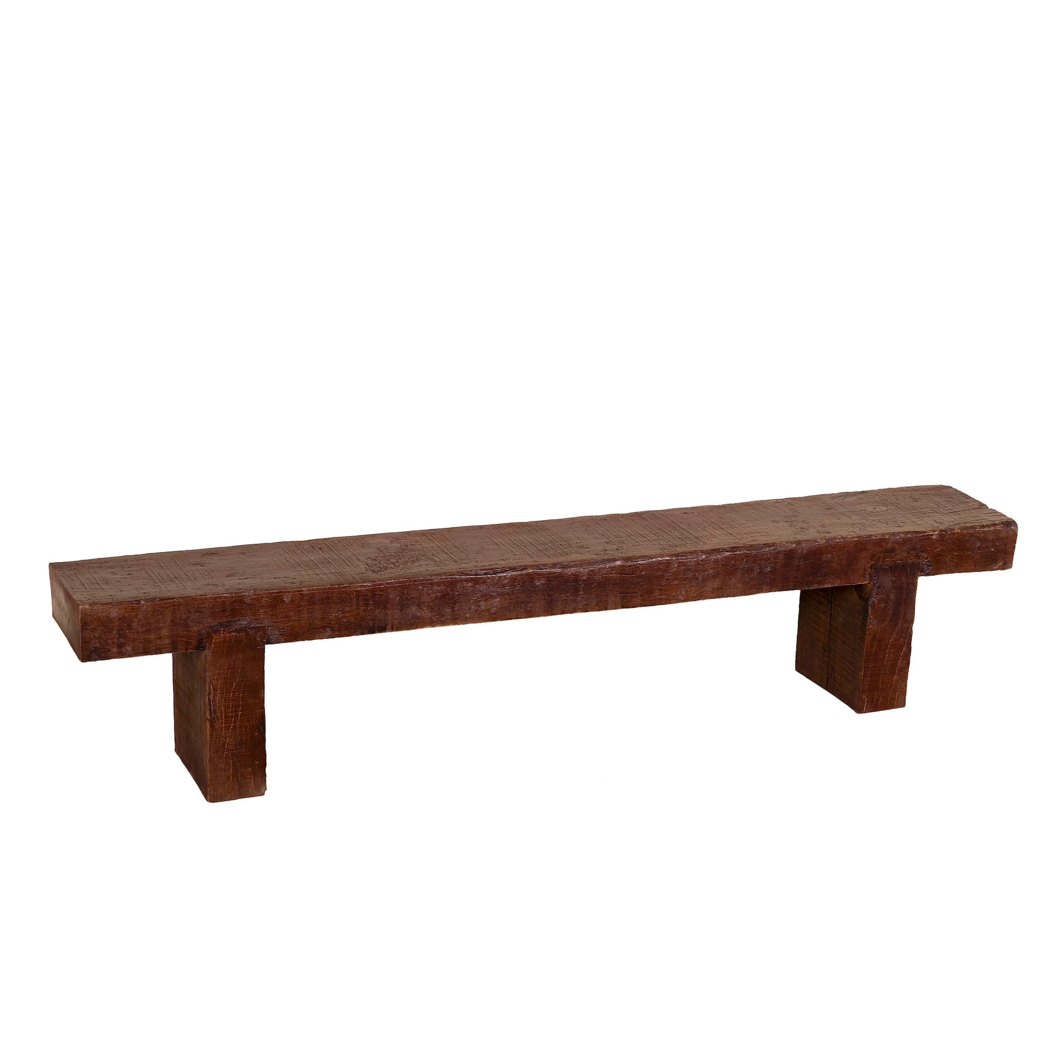 White background image of a solid reclaimed wood full block bench with rustic finish, ideal for boho chic living room or hallway seating, 200×30×40 cm.