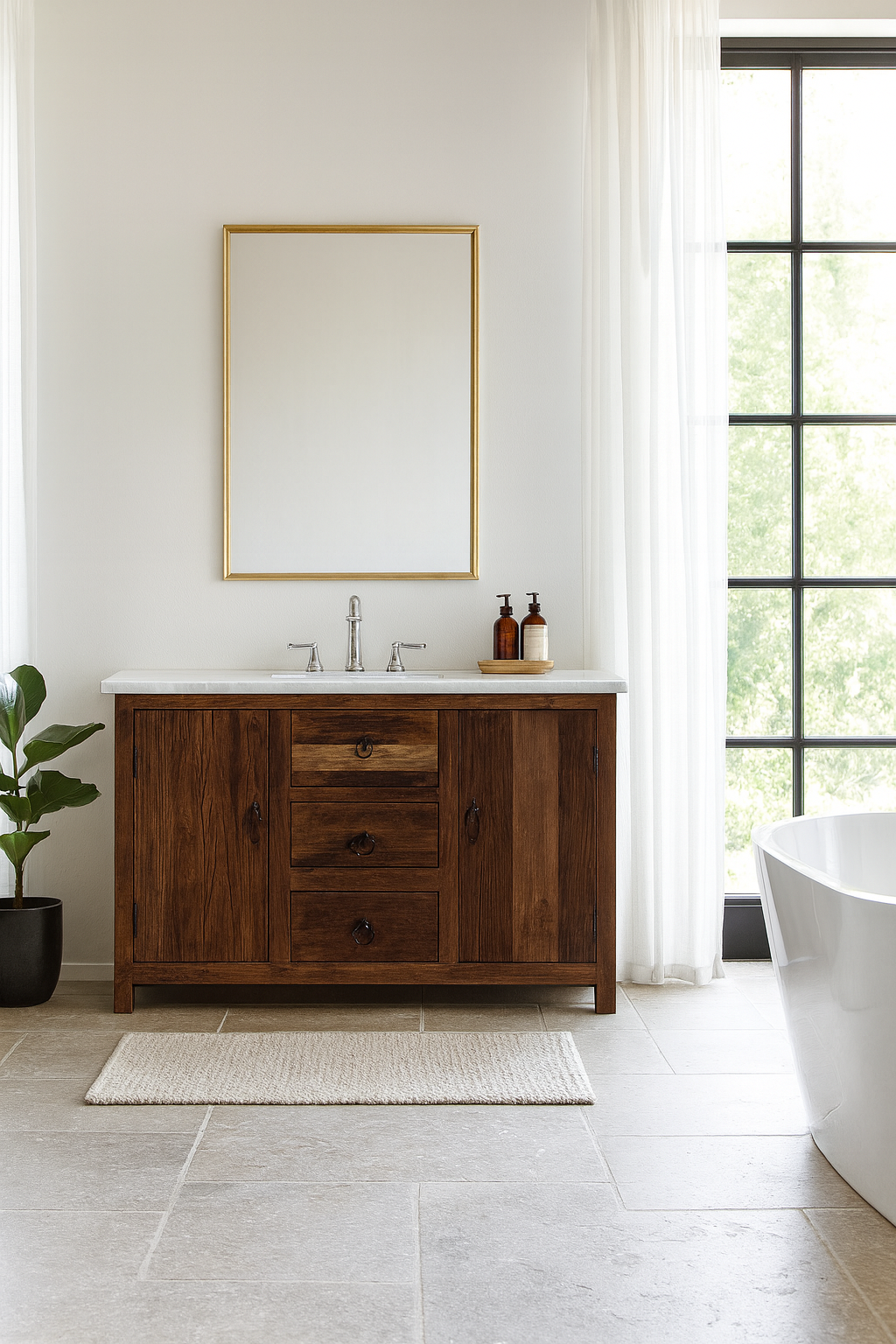 Lifestyle image of a wabi sabi furniture driftwood sideboard with white marble top, minimalist Japandi cabinet with drawers and sliding surface, 125 × 35 × 75 cm.