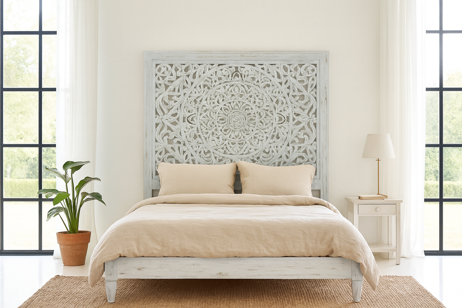 Lifestyle image of a hand-carved wooden bed made of mango wood with large floral panel in white finish – Flair model by Om Home & Garden