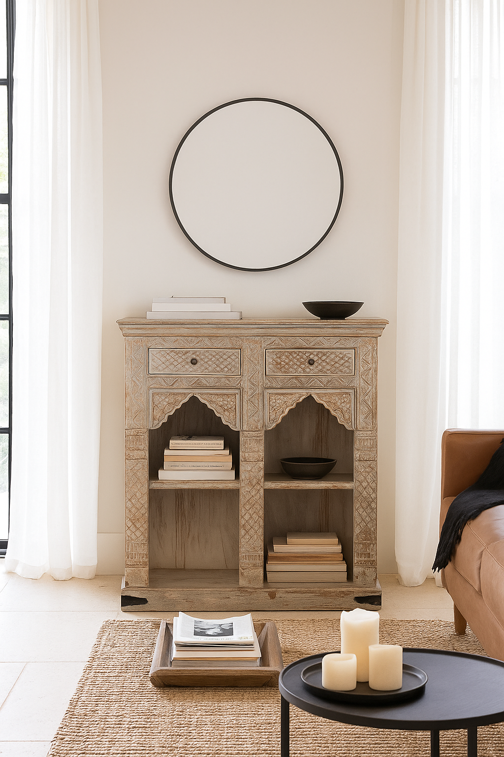 Lifestyle image of a handcrafted mango wood shelving unit with balanced square design – vintage home accessories display shelf with natural wood finish and artistic expression.