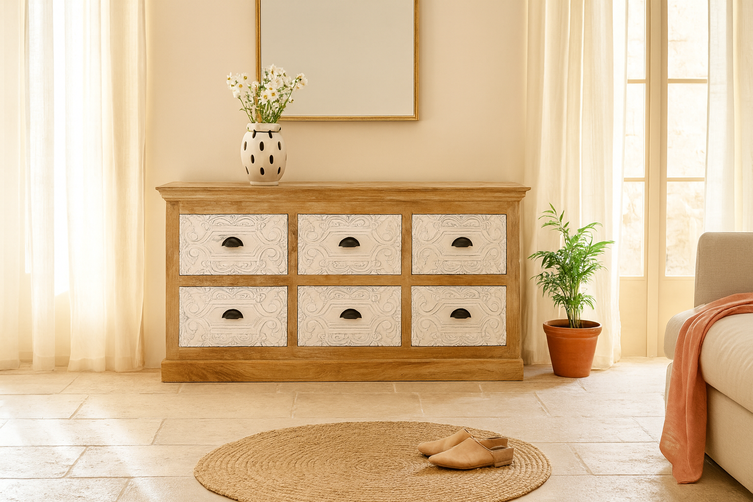 Lifestyle imagination of a handcrafted wooden chest of drawers made from mango wood with six hand-carved fronts – Gaya by Om Home & Garden, Mediterranean style furniture with artisanal character.