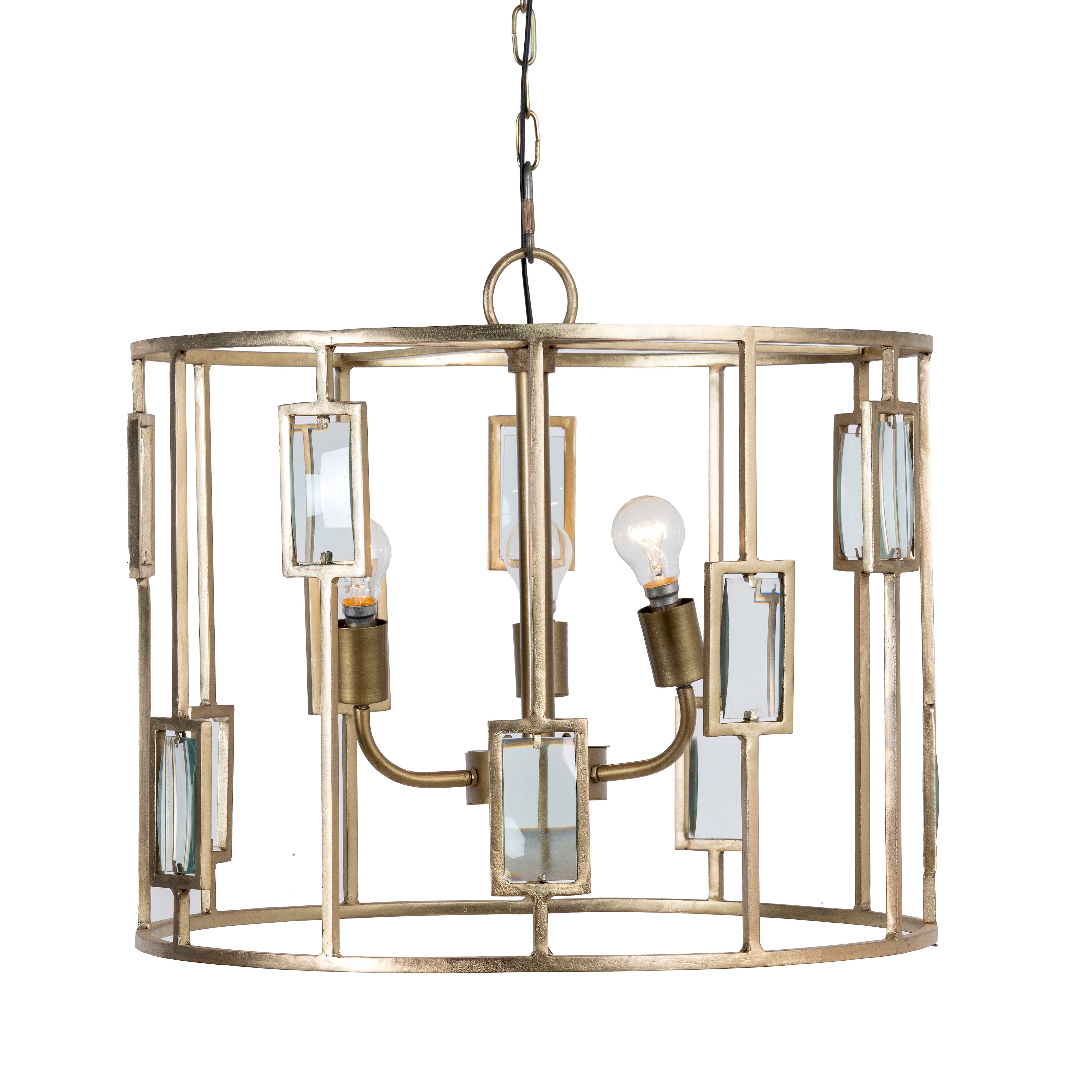 White background image of a unique pendant light with round shiny brass-plated frame and magnifying glass inserts – vintage lighting with three-light design for dining rooms, kitchens, or elegant interiors.
