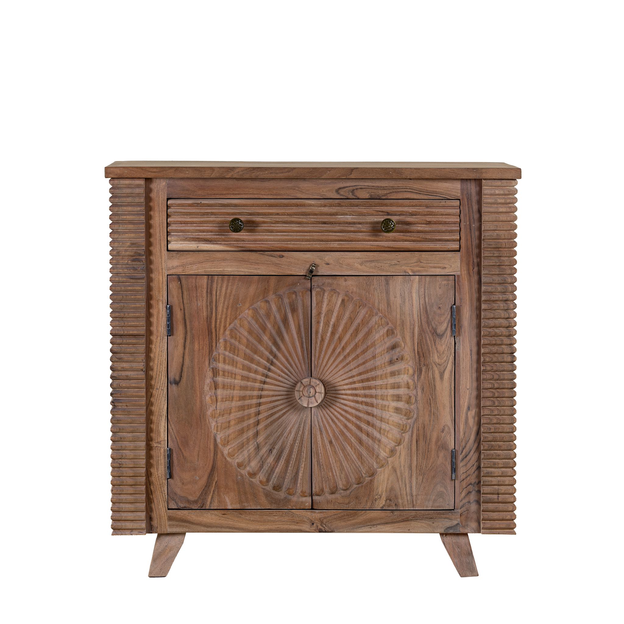 White background picture of a cupboard with carved  sunburst design made of acacia wood.