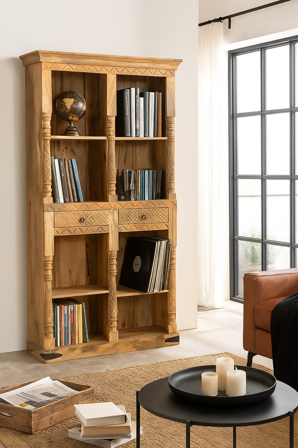 Lifestyle image of a handcrafted mango wood bookshelf with carved detailing – mango wood shelving and carved wooden furniture in a warm brown finish for timeless interiors.