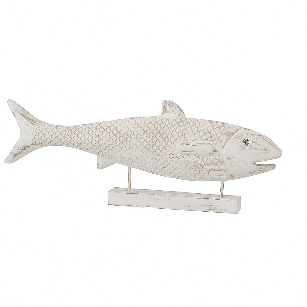 White background image of a hand-carved fish sculpture made from reclaimed teak wood – a vintage home decor piece ideal for coastal and living room decoration.
