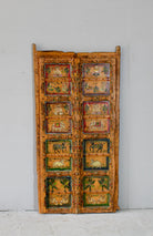 Hand-painted old Indian teak door panel with gods motifs in vintage style.