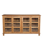 White background image of a recycled teak wood showcase sideboard with four glass-framed doors and six compartments – sustainable teak wood furniture offering timeless design and eco-conscious storage.