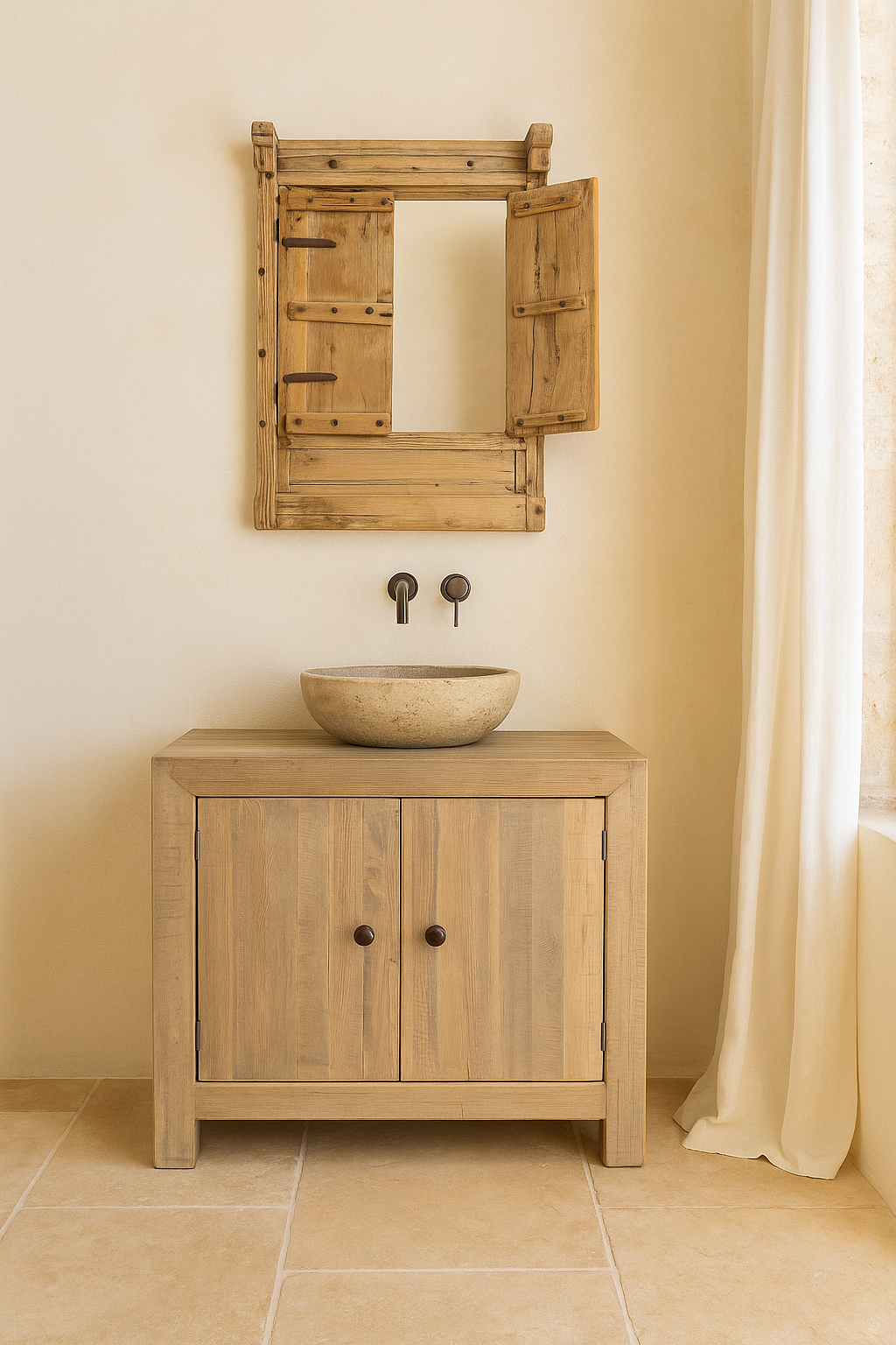 Rustic cupboard made of reclaimed wood with two doors, sustainable bathroom furniture, 90 × 40 × 86 cm.