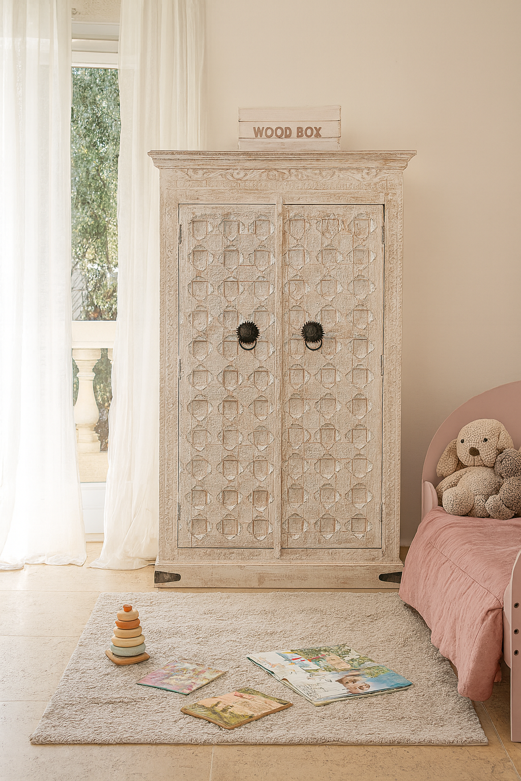 Lifestyle image of a handcrafted cabinet made from reclaimed wood with white-washed finish and Indian carvings – sustainable furniture and unique Indian furniture with cultural depth.